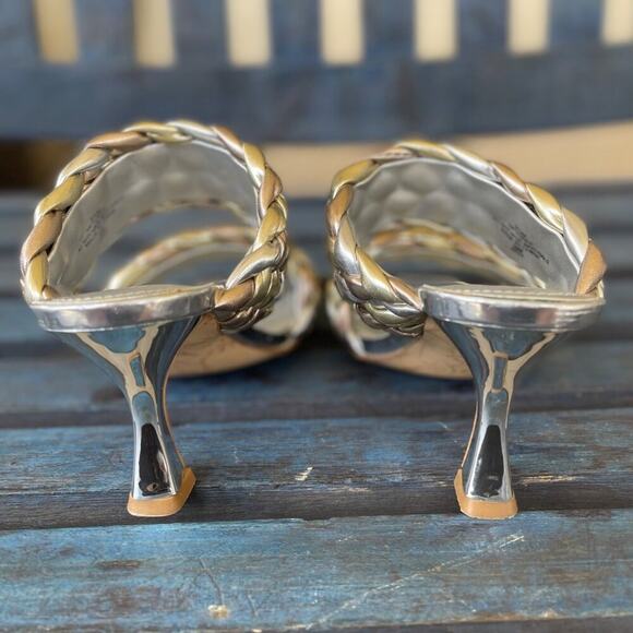 Marc Fisher Toree Women’s Braided Metallic Heeled Sandals 9.5 Silver Square Toe - Picture 4 of 10